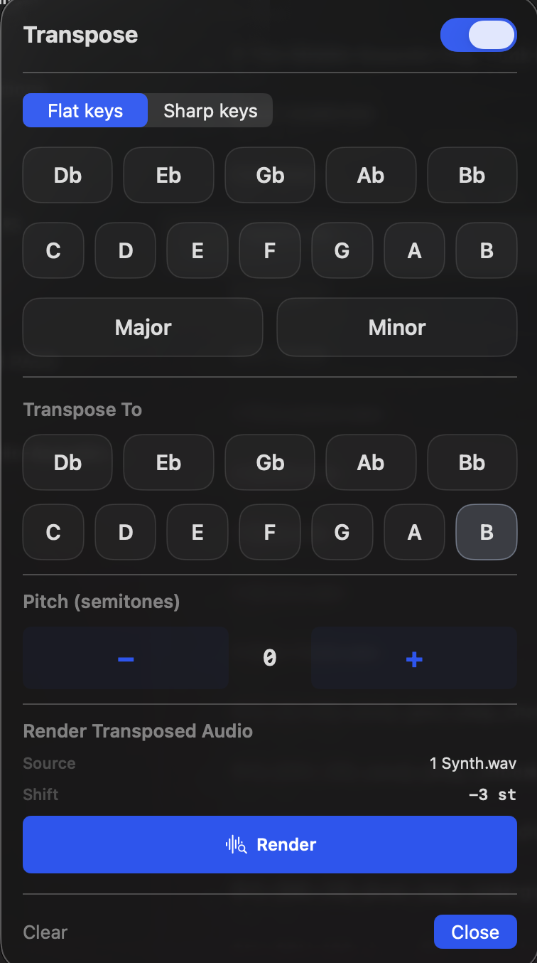 OHSU transpose options panel